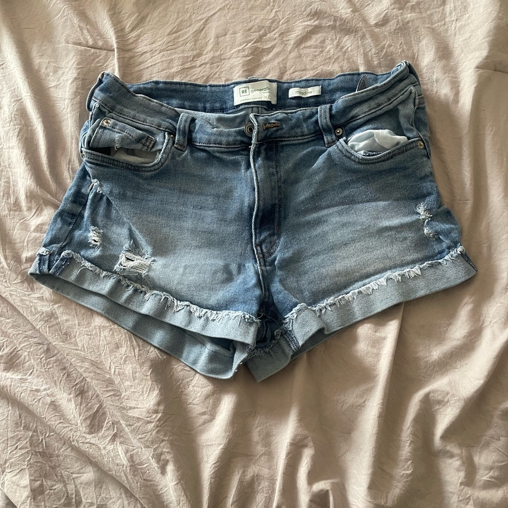 Blue Jean Shorts with Distressed Cuffed Hem